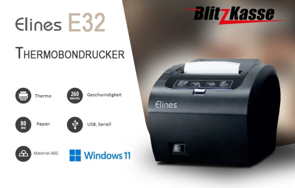 Elines E36 – Thermo-Bondruckerr, 80mm bis 260mm/Sek., USB + RS232 + Ethernet, TSE konformschwarz